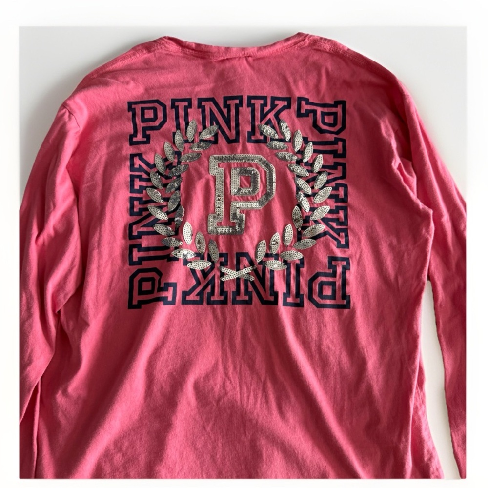 PINK Victoria's Secret Bling Long Sleeve Campus Tee T-Shirt Sz L Dog